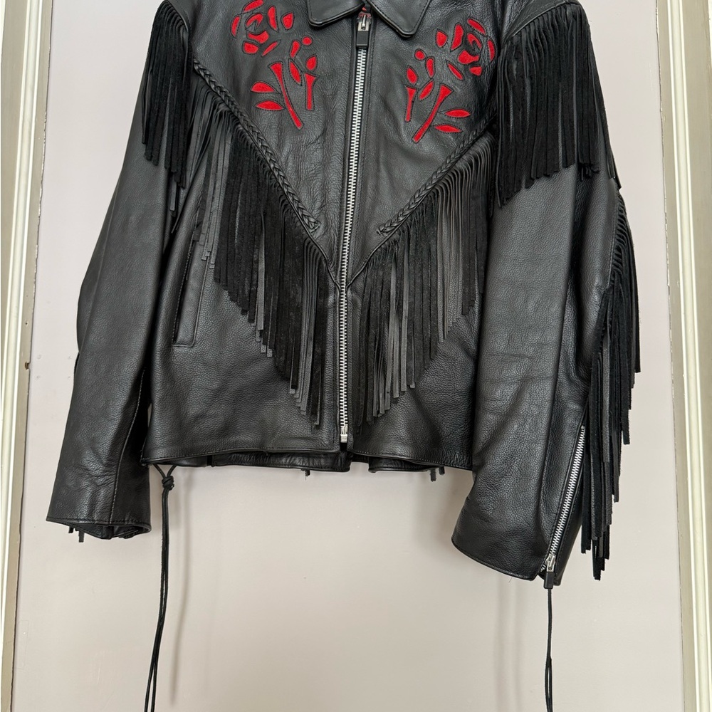 Interstate Leather Women’s Black Leather Jacket with Red Accents